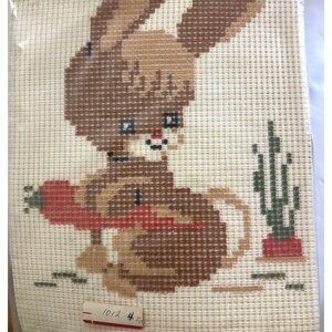 VINTAGE OOE Needlepoint Kit Bunny Holding Carrot Embroidery Craft Set W Yarn & C